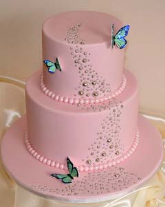 Small two tier pastel pink fondant wedding cake decorated with blue/green butterflies