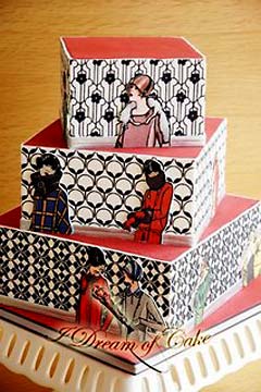 Four tier 1930's inspired red, white and black square wedding cake. Decorated with art deco patterns