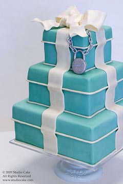 Three tier, square Tiffany Blue wedding cake. Looks just like a present cake or gift box cake