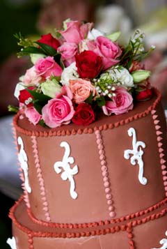 chocolate buttercream wedding cake filled with traditional chocolate ganache filling
