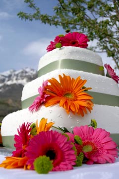Three tier pink and orange gerbera daisies on a square white wedding cake