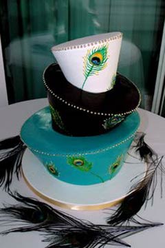 Black, blue and white three tier 1940's retro style mad hatter wedding cake