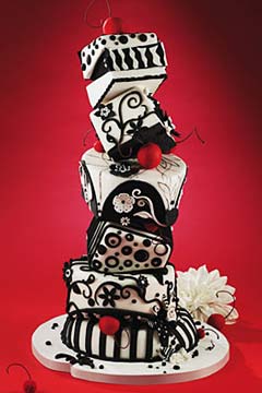 Black and white five tier topsy tuvy wedding cake