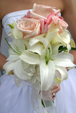 bridal bouquets - pink rose & white lily bouquet - hand tied bouquet
