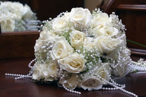 bridal bouquets - white rose bridal bouquet - faux pearls beaded bouquets